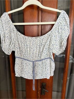 White and Blue Floral Off-Shoulder Peplum Blouse